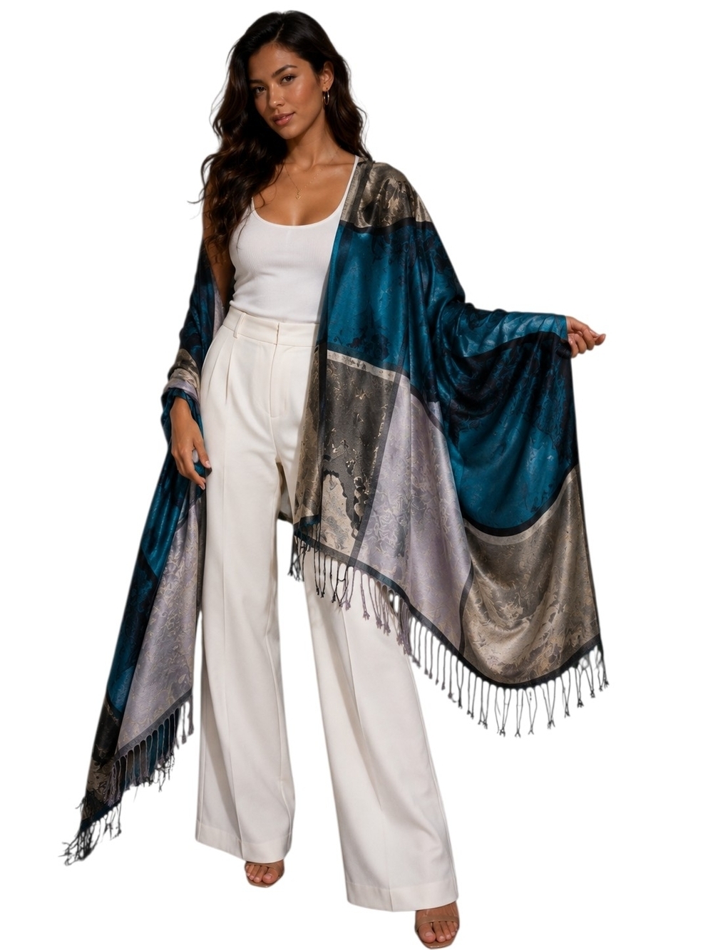 Vintage Ama Waterways Silk Feel Fringe Shawl Wrap Scarf Blue Abstract